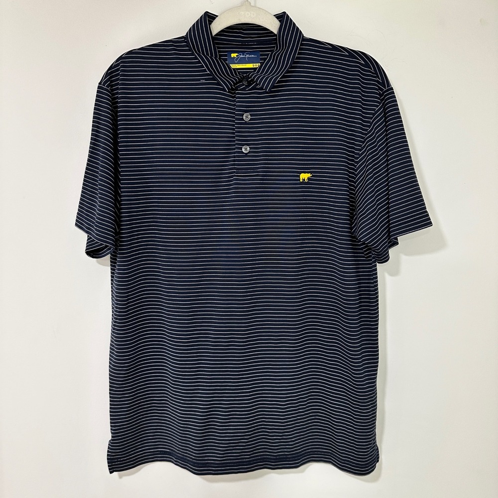 Jack Nicklaus Golf Polo Shirt Mens Medium Blue Striped‎ Polyester Performance M